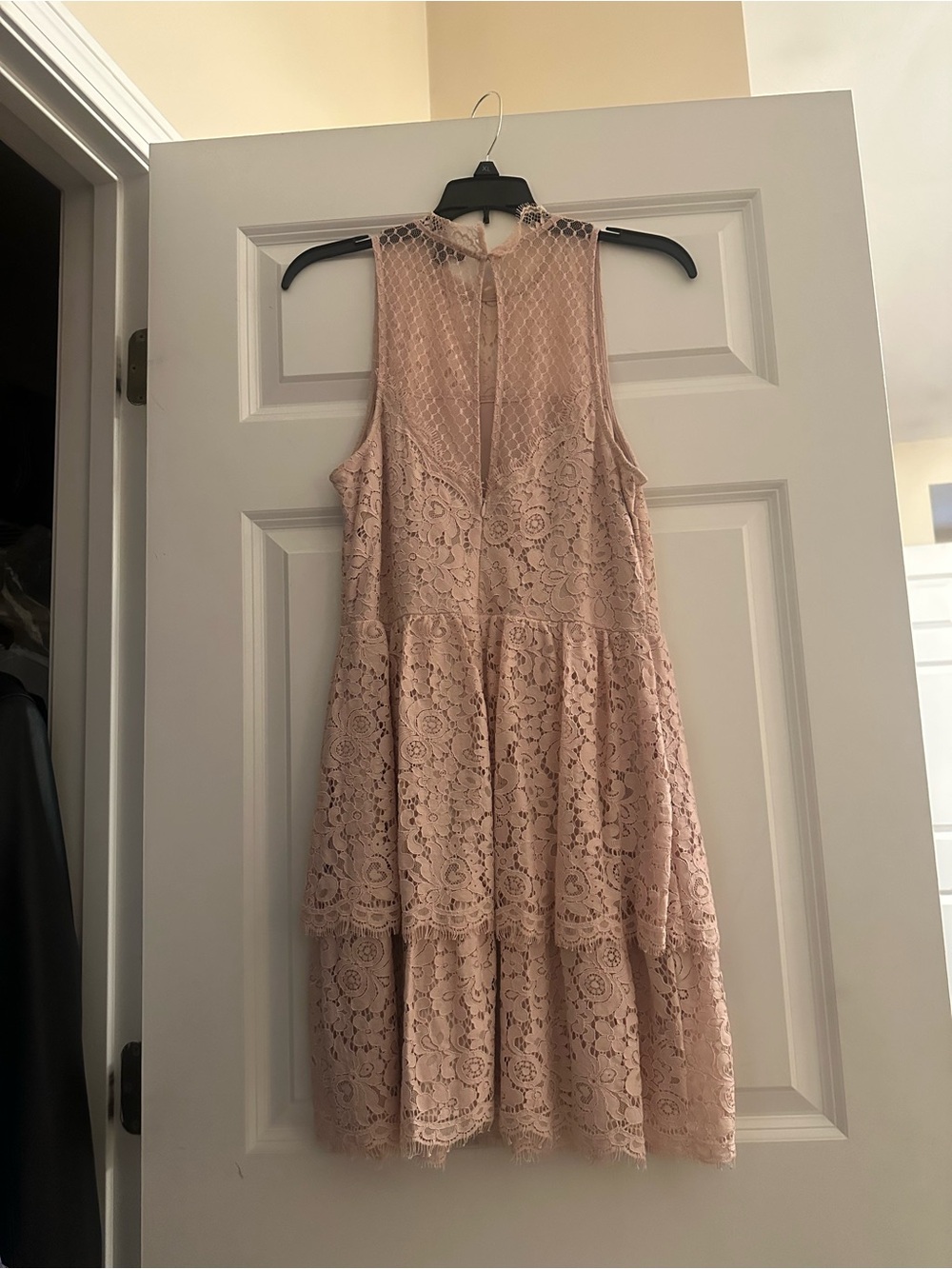 Express Pink Blush Lace Tiered Mini Dress